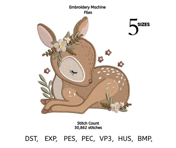 Baby Deer Embroidery Design | Sleeping Fawn Floral Machine Embroidery File | Woodland Animal Pattern | 5 Sizes | DST PES EXP VP3
