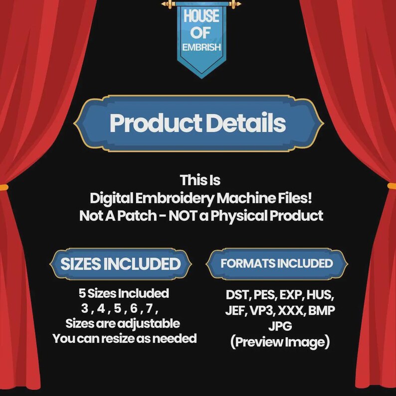 May include: Digital embroidery machine files image with text "Product Details". Includes 5 sizes: 3, 4, 5, 6, and 7. Formats include DST, PES, EXP, HUS, JEF, VP3, XXX, BMP, and JPG. The image is not a physical product.