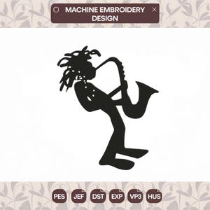 Borduurpatroon van een saxofonist, silhouet van een jazzmuzikant (machineborduurbestand), muziekliefhebber (PES JEF DST)