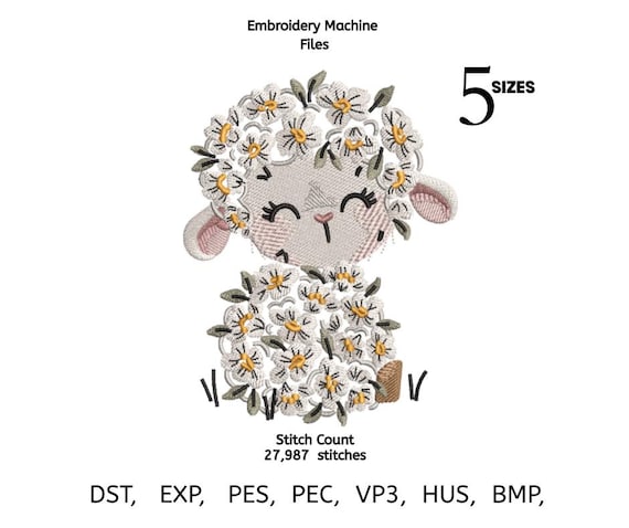 Floral Lamb Embroidery Design | Cute Baby Sheep Machine Embroidery File | Spring Nursery Animal Pattern | 5 Sizes | DST PES EXP VP3