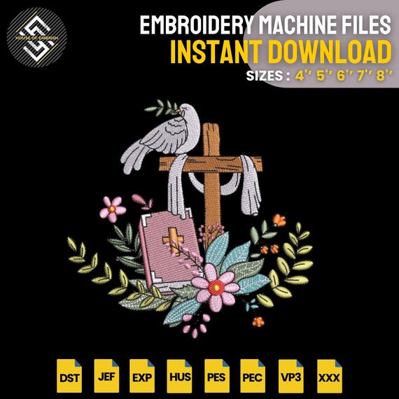Christian Cross Embroidery Design | Bible Dove Floral Machine Embroidery File | Easter Faith Pattern | 5 Sizes | DST PES EXP VP3