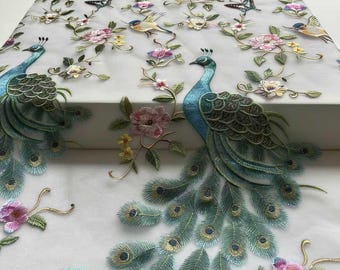 Peacock Embroidered Tulle Fabric by the Yard | 3D Floral Mesh Lace for Wedding Dress Bridal Gown Colorful Bird Embroidery Sewing Fabric 63"