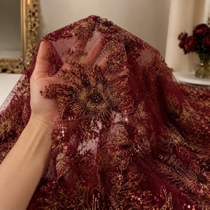Luxury Red Beaded Lace Fabric, Heavy Sequin Embroidery Tulle, Geometric Wave Pattern, Bridal Evening Dress Fabric by Yard