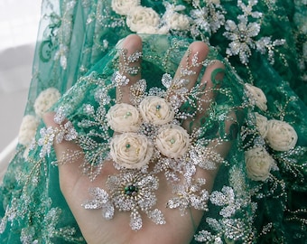 Emerald Green 3D Floral Beaded Lace Fabric, Ivory Ribbon Flower Embroidery Tulle, Luxury Mother of Bride Dress Fabric By Yard