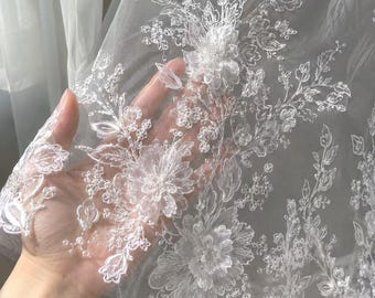 3D Floral Bridal Lace Fabric by the Yard, Luxury Wedding Dress Lace, Ivory Embroidered Tulle, Cathedral Veil Fabric, Couture Bridal Material
