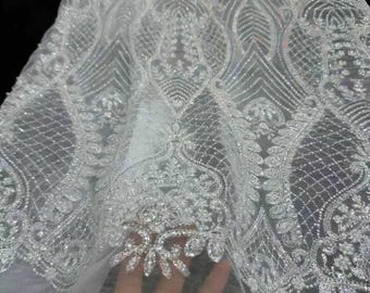 Crystal Sequin Beaded Lace Fabric by the Yard | Baroque Embroidered Tulle for Wedding Dress Bridal Gown | Black White Formal Wear 52"