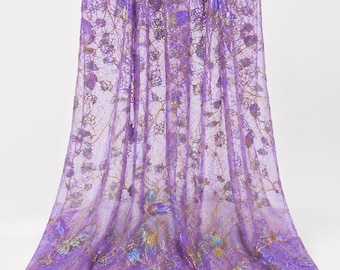 Lavender Gold Sequin Lace Fabric by the Yard, Beaded Embroidery Mesh Tulle, Prom Dress Fabric, Mother of Bride Gown Lace