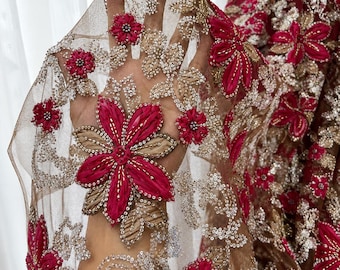 Brown 3D Floral Beaded Lace Fabric, Raspberry Red Ribbon Flower Embroidery Tulle, Luxury Couture Evening Gown Fabric By Yard