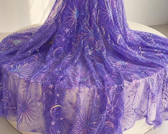 Purple Galaxy Sequin Fabric by the Yard, Celestial Starburst Tulle Mesh, Sparkly Prom Dress Fabric Lace, Cosmic Evening Gown
