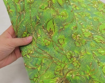 Neon Lime Green Sequin Lace Fabric by the Yard | Luxury Gold Floral Embroidery for Couture Prom Dress, Avant-Garde Gala Gown,