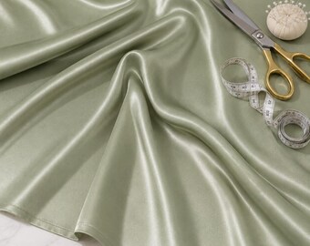 Sage Green Satin Fabric by the Yard, Luxury Stretch Satin for Evening Gowns, Formal Dresses and Couture Sewing