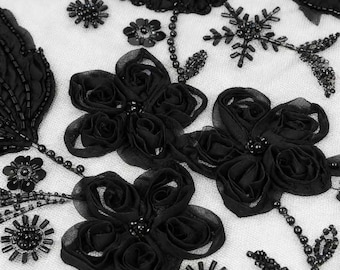 Black 3D Floral Beaded Lace Fabric | Dark Luxury Evening Gown Fabric by the Yard