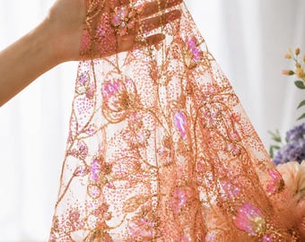 Coral Rose Gold Sequin Lace Fabric by Yard | Floral Embroidered Tulle, Bridal Wedding Dress Fabric, Prom Evening Gown, Quinceanera Fabric