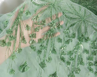 Mint Green Sequin Lace Fabric by Yard | Beaded Floral Embroidered Tulle, Bridal Wedding Dress Fabric, Fairy Prom Gown, Quinceanera Fabric