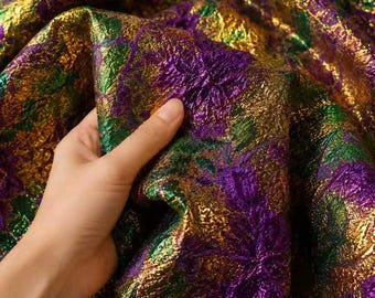 Purple Green Gold Metallic Brocade Fabric by the Yard, Mardi Gras Fabric, Luxury Jacquard Fabric, Carnival Costume Fabric, Pageant Gown