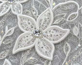 Off White Floral Sequin Lace Fabric by the Yard | Silver Sparkle Scalloped Edge for Bridal Gown, Wedding Veil, Couture Dressmaking