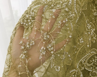 Olive Green Beaded Lace Fabric, Luxury Pearl Embroidered Tulle, Couture Bridal Lace, Heavy Sequin Mesh Fabric By The Yard