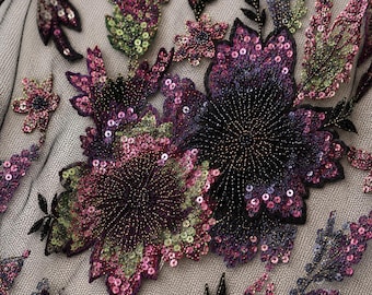 Black Multicolor Sequin Lace Fabric by Yard | Heavy Beaded Floral Embroidered Tulle, Luxury Bridal Wedding Fabric, Evening Gown, Prom Dress