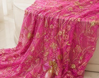 Fuchsia Gold Sequin Lace Fabric by Yard | Floral Embroidered Tulle, Bridal Wedding Dress Fabric, Hot Pink Prom Gown, Quinceanera Fabric