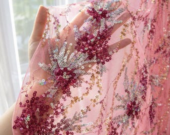 Pink Multicolor Sequin Lace Fabric by Yard | Iridescent Floral Embroidered Tulle, Bridal Wedding Dress Fabric,Prom Evening Gown, Quinceanera