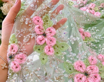 Mint Green 3D Floral Beaded Lace Fabric, Pink Ribbon Flower Embroidery Tulle, Luxury Bridal Prom Dress Fabric By Yard