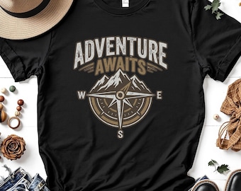 Adventure Awaits Compass Shirt • Vintage Mountain Explorer Tee • Retro Outdoor Travel T-Shirt • Wanderer Adventure