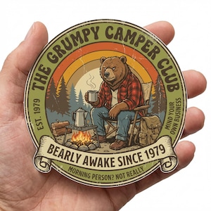 Grumpy Camper Bear Sticker, Funny Camping Vinyl Decal, Bear Coffee Sticker, Outdoor Adventure Waterproof Sticker, Laptop Car Decal Gift