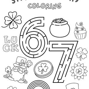 May include: Black and white St. Patrick's Day colouring page with the text "ST. PATRICK'S DAY COLORING". Features a maze, leprechaun, pot of gold, shamrocks, rainbow, cupcake, coin, and a hat.