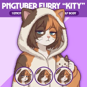 Puede incluir: Ilustración de un personaje con una sudadera con capucha con temática de gato con el texto "PNGTUBER FURRY 'KITY'". El personaje tiene cabello castaño y naranja, ojos azules y una sudadera con capucha blanca y marrón.