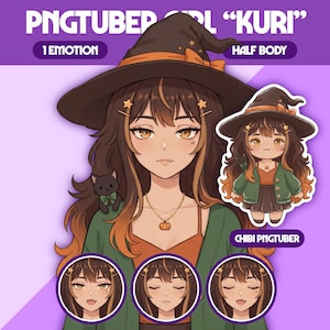 May include: A digital illustration of a PNGtuber girl named Kuri, featuring a half-body character with brown hair, a witch hat, and a pumpkin necklace. Includes a chibi version, a small black cat, and three circular facial expression icons.