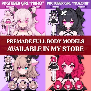 May include: A promotional image showcasing four premade full-body PNGTuber models. Each model features a unique anime-style design with vibrant colors, including pink, black, and red. The text "PREMADE FULL BODY MODELS AVAILABLE IN MY STORE" is displayed prominently.