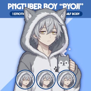 Puede incluir: Ilustración digital de un personaje llamado "Ryoji" con una sudadera con capucha gris y blanca con temática de lobo. La imagen incluye el texto "PNGTUBER BOY" y "HALF BODY". Tres imágenes circulares más pequeñas muestran diferentes expresiones faciales.