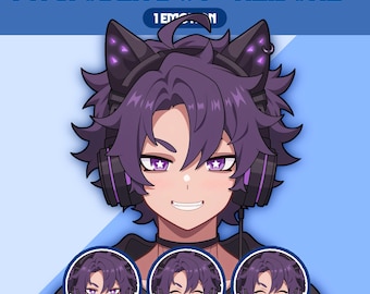 Puede incluir: Ilustración digital de un personaje llamado "Keisuke" con cabello morado, auriculares con orejas de gato y ojos morados. La imagen incluye el texto "PNGTUBER BOY 'KEISUKE'" y tres imágenes más pequeñas del personaje con diferentes expresiones.