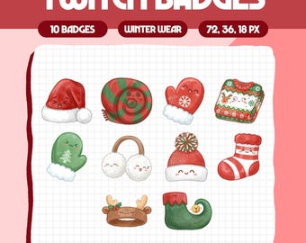 May include: A set of 10 Twitch badges with winter wear themes. The badges depict items like a Santa hat, a candy swirl, mittens, a sweater, earmuffs, a beanie, a sock, a reindeer headband, and an elf shoe. The text "Twitch Badges" is at the top.