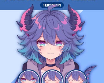 May include: Digital illustration of a character named "Akira" with purple hair, teal highlights, and pink accents. The character has multiple expressions displayed in circular frames below the main image. The text "PNGTUBER BOY 'AKIRA'" is at the top.
