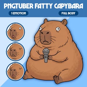 Puede incluir: Una ilustración digital de un personaje capibara marrón etiquetado como PNGTUBER FATTY CAPYBARA. El personaje se muestra de cuerpo completo sosteniendo un pequeño micrófono gris, con tres iconos circulares de cabeza con expresiones.