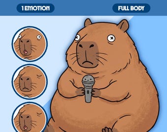 May include: A digital illustration of a brown capybara character labeled PNGTUBER FATTY CAPYBARA. The character is shown in full body holding a small grey microphone, with three circular head icons displaying different facial expressions.