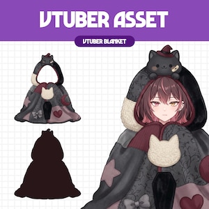 Può includere: Un'illustrazione digitale di una risorsa VTuber che mostra una coperta con cappuccio e un gatto nero sulla parte superiore. La coperta ha un design patchwork con stelle, cuori, fiocchi e una forma a bara. Testo: VTUBER ASSET e VTUBER BLANKET.