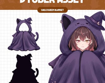 May include: A purple hooded blanket featuring cat ears and a witch hat design. The hood displays a small smiling face, while the fabric is decorated with crescent moon and star patterns. A character is shown wearing the blanket, alongside a flat view.
