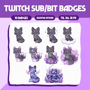 以下が含まれることがあります： Twitchのサブ/ビットバッジ10個セット。天上のキツネのデザインが特徴です。各バッジは三日月のある灰色のキツネを描いており、クリスタル、雲、翼などのバリエーションがあります。上部のテキストは「TWITCH SUB/BIT BADGES」と書かれています。
