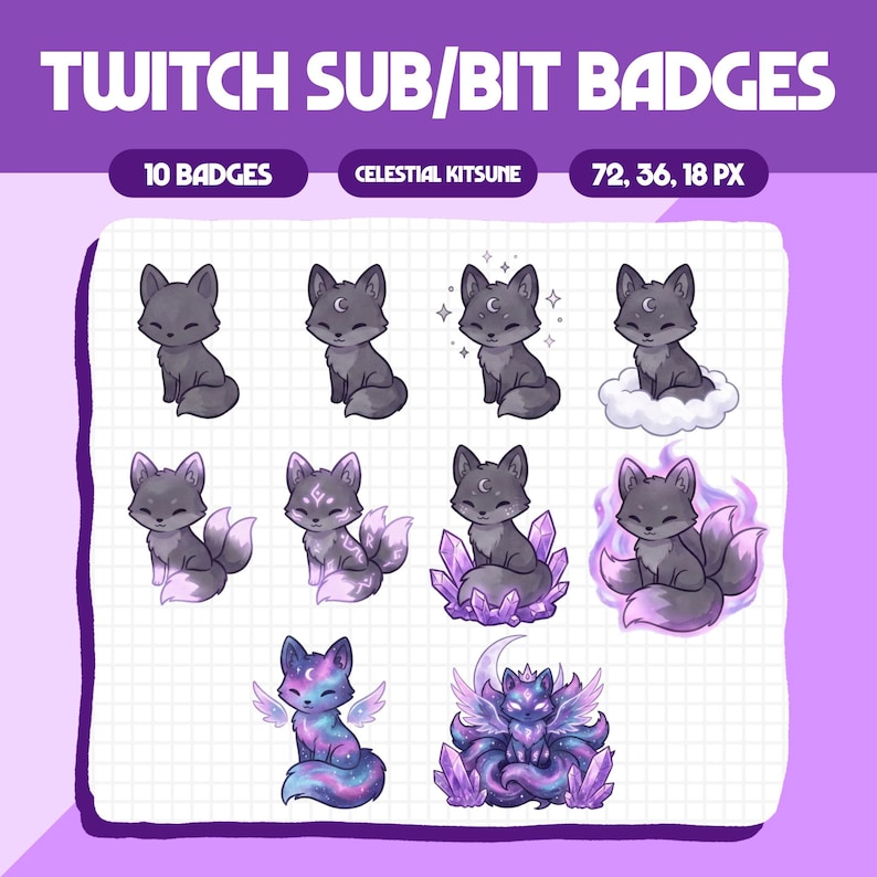 K&ouml;nnte beinhalten: Ein Satz von zehn Twitch Sub/Bit-Abzeichen mit himmlischen Kitsune-Designs. Jedes Abzeichen zeigt einen grauen Fuchs mit einem Mond, mit Variationen wie Kristallen, Wolken und Fl&uuml;geln. Der Text oben lautet "TWITCH SUB/BIT BADGES".