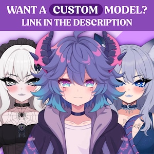 May include: Three anime-style characters with vibrant hair colors and detailed facial features. The central figure has blue and teal hair, adorned with pink horns. The text "WANT A CUSTOM MODEL? LINK IN THE DESCRIPTION" is displayed above. The characters wear chokers and dark clothing.