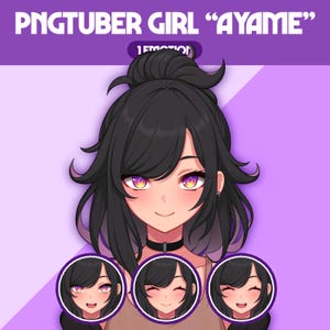 Puede incluir: Ilustración digital de un personaje llamado "Ayame" con cabello negro y ojos morados. La imagen incluye el texto "PNGTUBER GIRL 'AYAME'" y tres imágenes circulares más pequeñas que muestran diferentes expresiones faciales.