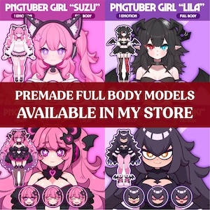 May include: A promotional graphic featuring two PNGTuber girl models, "Suzu" and "Lila", in a pink and purple color scheme. The image includes full-body model previews and the text "PREMADE FULL BODY MODELS AVAILABLE IN MY STORE".
