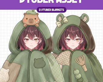 May include: Two digital illustrations of characters wrapped in green blankets with the text VTUBER ASSET and 2 VTUBER BLANKETS. One blanket features a capybara hood, while the other has bear ears and a bow. Both display various green textures.