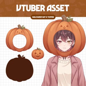 May include: A digital VTuber asset set featuring a Halloween hat and topper. The set includes a pumpkin-shaped hat with a carved face, a smaller pumpkin topper, and a solid dark brown pumpkin silhouette, displayed with an anime-style character.