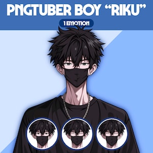 Puede incluir: Ilustración digital de un personaje llamado "Riku" con cabello negro, usando una máscara y una camisa negras. La imagen incluye el texto "PNGTUBER BOY 'RIKU'" y "1 EMOTION". Tres imágenes más pequeñas del personaje están en la parte inferior.