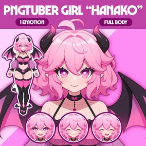 以下が含まれることがあります： ピンクの髪、黒い角、コウモリの羽を持つ「Hanako」という名前のPNGTuberガールのデジタルイラスト。画像には全身イラストと3つの顔の表情が含まれています。「1 Emotion」と「Full Body」の文字も表示されています。