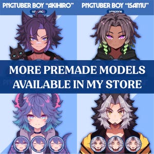 May include: A promotional image featuring four anime-style character designs. The top row displays two male characters, one with dark purple hair and a black cat, and the other with gray hair and green accents. The bottom row shows two more characters with blue and gray hair. Text reads "MORE PREMADE MODELS AVAILABLE IN MY STORE."