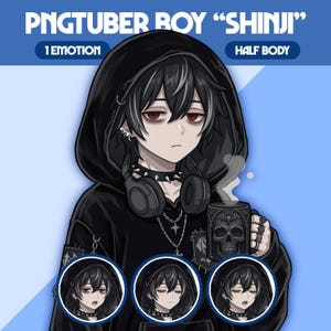 Könnte beinhalten: Digitale Illustration eines PNGTuber-Jungen namens "Shinji" mit schwarzen Haaren und einem schwarzen Kapuzenpullover. Das Bild enthält den Text "1 Emotion" und "Half Body". Die Figur hält eine Tasse mit einem Totenkopf-Design.